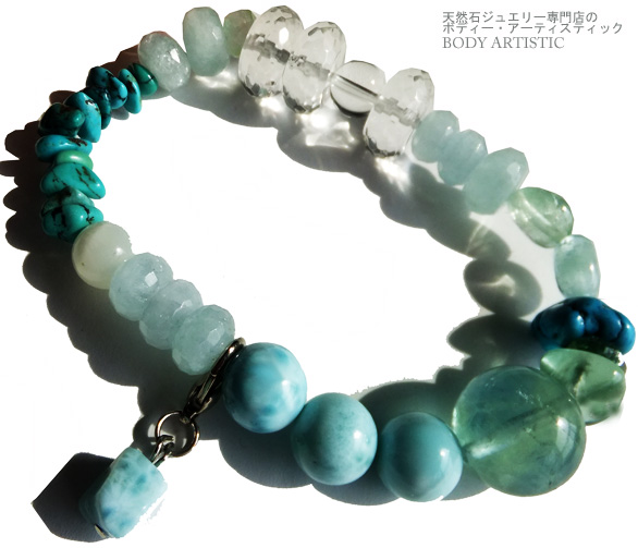 ラリマー、アクアマリン、水晶、ターコイズ、グリーントルマリン、フローライトブレスレット